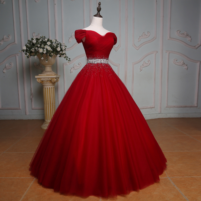 Off The Shoulder Crystal Beaded Sashes Red Tulle Ball Gowns Prom Dressred Wedding Dresselegant 