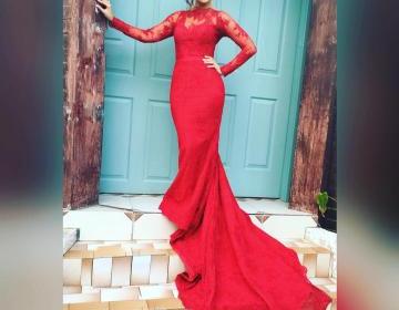 High Neck Long Sleeves Lace Mermaid Evening Dresses Red Prom Gowns 2016